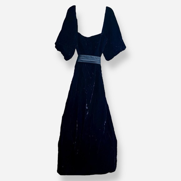 Miss‎ Elliette California Blue Crushed Velvet Dress Sz 14 Bow Belt Puff Sleeve